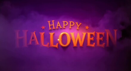 Wall Mural - HAPPY HALLOWEEN in a stylized font with motion blur around it, set against a purple background with a cloudy sky effect.