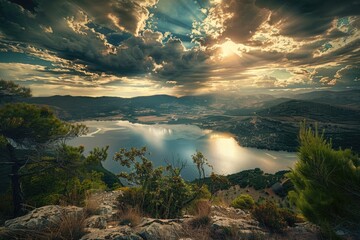 Poster - A serene scene with a lake, mountains and a cloudy sky