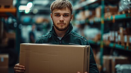 Poster - A young strong man in a work suit is holding a large box in his hands. Generative AI.