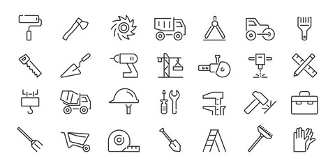 Construction tool icons set. Instrument icons suсh as hammer, drill, shovel, ax, sawset, brush. Vector