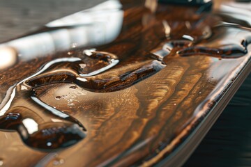 Poster - A close-up shot of a wooden table featuring scissors as the main subject