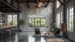 © visoot - The interior design, featuring an old house with black steel structure and wood beams on top. The walls feature white plastered textured paint and dark gray concrete floors. Generative AI.