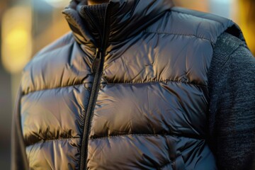 Wall Mural - A person dressed in a black puffy vest and hat, suitable for winter or outdoor activities