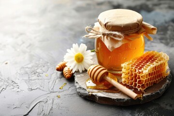 Poster - A jar filled with golden honey and surrounded by honey sticks, perfect for sweet treats or decorative purposes