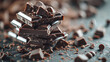 © visoot - Stack of broken pieces of dark chocolate arranged in a somewhat haphazard manner. Some chocolate shards are seen flying and scattered around. Generative AI.