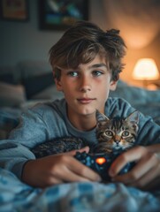 Poster - A young boy plays video games with his cat. AI.