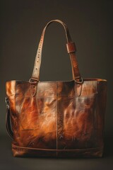 Poster - A brown leather handbag sits on a table, ready for use
