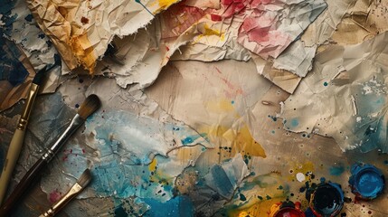 Poster - Close-up of paintbrushes and paints on a piece of paper, ideal for art or design projects