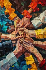 Poster - Group of people forming a human chain with linked hands, concept of unity and cooperation