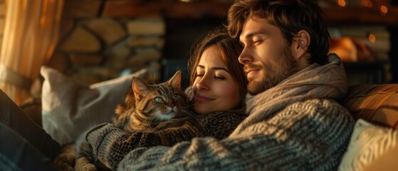 Poster - A couple cuddles with a cat on a couch. AI.