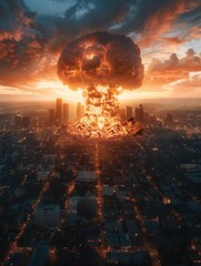 Poster - A mushroom cloud rises above a city. AI.