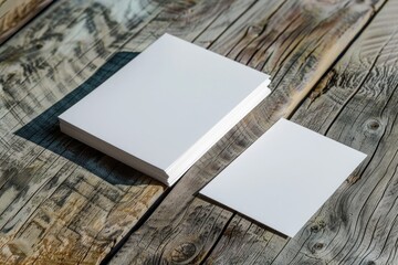 Poster - Two blank white cards sitting on a wooden table, perfect for writing notes or messages