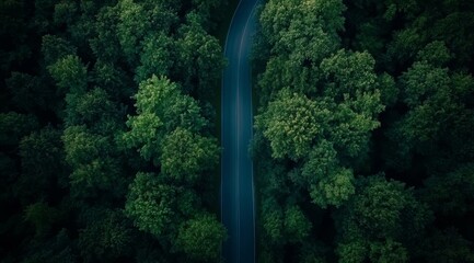 An aerial view beautifully captures a winding road that gracefully snakes through a lush, vibrant green forest, showcasing the serene beauty of the countryside and the breathtaking surrounding nature