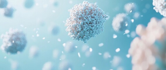 Wall Mural - Close-Up View of White T Cells and B Cells Floating in the Body Against a Light Blue Background