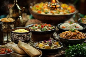 Wall Mural - traditional saudi food marquq, saleeg a kind of Arabian main course complete with side dishes and dessert. Glow and selective focus applied - generative ai