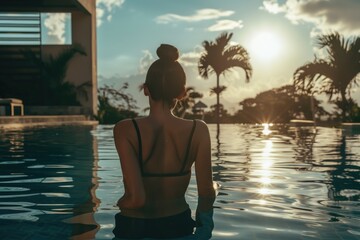 Sticker - A person enjoying the sun and water in a backyard pool