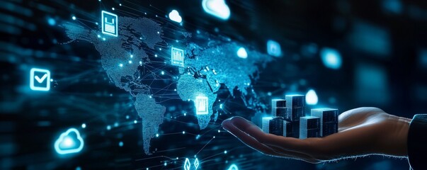 Aufkleber - Global business data visualization with hand holding digital city buildings