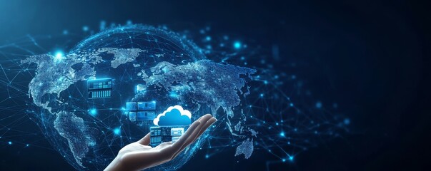 Poster - Hand holding cloud computing services with digital world map and technology icons
