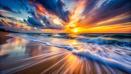 Wall Mural - Beautiful sunset on the beach with blurr waves. Long exposure with motion blur effect