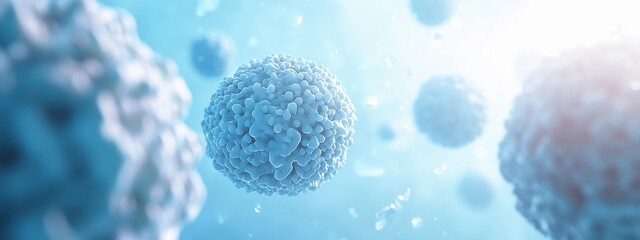 Wall Mural - Close-Up View of White T Cells and B Cells Floating in the Body Against a Light Blue Background