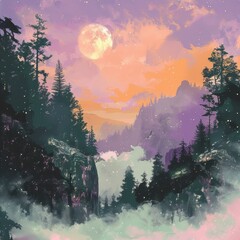 Wall Mural - A digital illustration of a silhouetted forest under a full moon and starry sky with a dreamy and mystical atmosphere