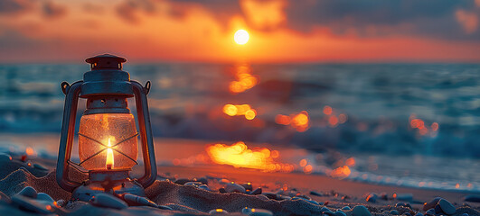 Poster - Magical lantern on the sunset beach, blurred sea background simple. Generative AI.