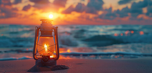 Poster - Magical lantern on the sunset beach, blurred sea background simple. Generative AI.