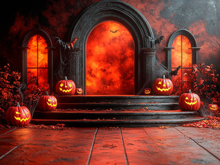 Central empty 3D podium, with Jack-o'-lanterns and devilish decorations. Bats and cobwebs fill the air, with candy and tridents scattered across the floor, all in a fiery red and black color scheme.