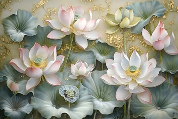 Wall Mural - Lotus flowers at various stages of bloom are depicted in detailed watercolors.