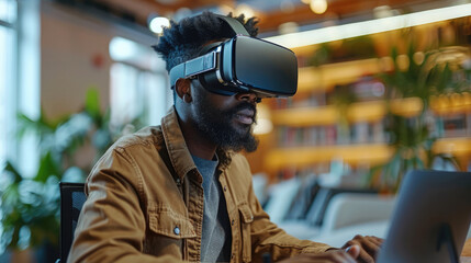 Aufkleber - African American man with VR headset working on laptop. Generative AI.