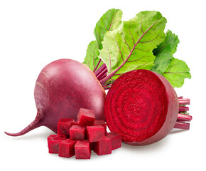 Red beetroot and beetroot cross section on white background.