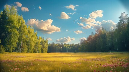 Wall Mural - Mixed deciduous and coniferous forest growing near the grass on the field, summer landscape, show more of sky. Generative AI.