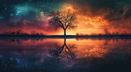 Poster - A tranquil lake with water that reflects the cosmos, surrounded by surreal, twisted trees, and a sky filled with vibrant nebulae. Generative AI.