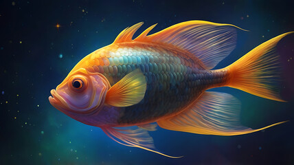 Goldfish swimming in a space, fantastic illustration, Close Up of Goldfish