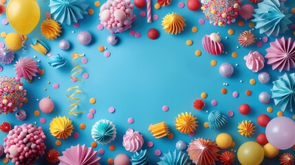 Poster - A vibrant of colorful party supplies arranged in a festive frame on a bright blue background. Generative AI.
