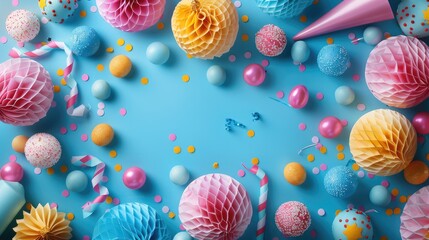 Wall Mural - A vibrant of colorful party supplies arranged in a festive frame on a bright blue background. Generative AI.