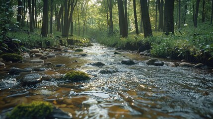 Poster - A stream in a forest. Generative AI.