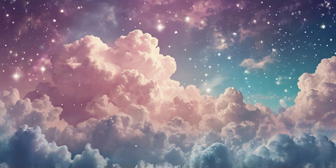 Sticker - Dreamy Pink Cotton Candy Skies, Pink Clouds Stage a Soft Fantasy Background Illustration With Stars And Space