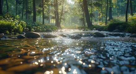 Poster - A stream in a forest. Generative AI.