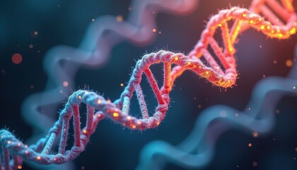 Poster - Close-up of a DNA double helix with glowing strands in a biotechnology concept.