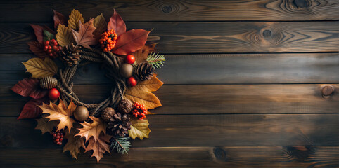 autumn wreath on dark wooden background with copy space, Thanksgiving, Harvest Festival