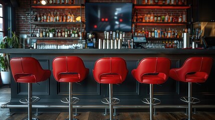 Wall Mural - Four red stadium seats in a bar with a TV behind them. Generative AI.