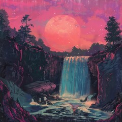 Wall Mural - A waterfall cascades down rocky cliffs under a large pink moon in a starry sky