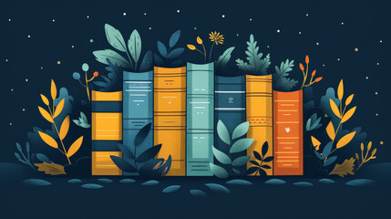 Wall Mural - A stack of books with leaves on top of them. The books are of different sizes and colors