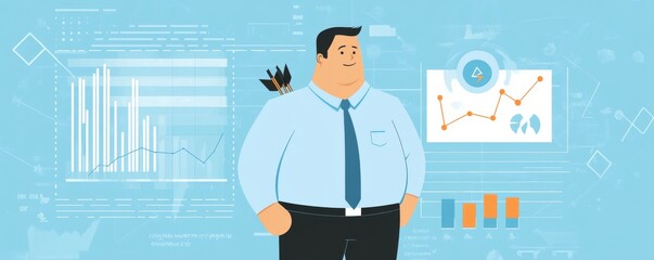 Poster - Businessman standing confidently with charts and graphs in the background illustrating business success