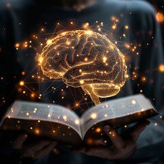 Sticker - A person is holding an open book with a glowing brain in the middle. The brain is surrounded by a network of stars, giving the impression of a futuristic, otherworldly scene