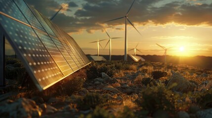 Poster - Photograph of solar panels installed in a green field, potential for energy production and environmental sustainability