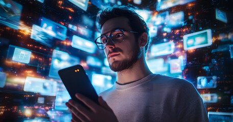 Portrait of Caucasian Man Using Smartphone in Metaverse With Animated Stream Of Interfaces With Social Media, e-Commerce Shopping, Internet Influencers And Games. Visualization Of Web Network.