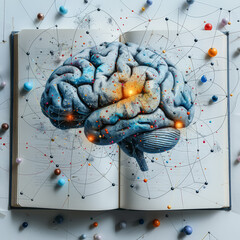 Wall Mural - A book is open to a page with a brain drawing on it. The drawing is surrounded by many small balls, which are scattered around the page. Concept of creativity and imagination