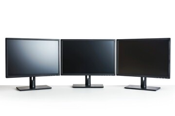 Three computer monitors placed side by side on a white surface